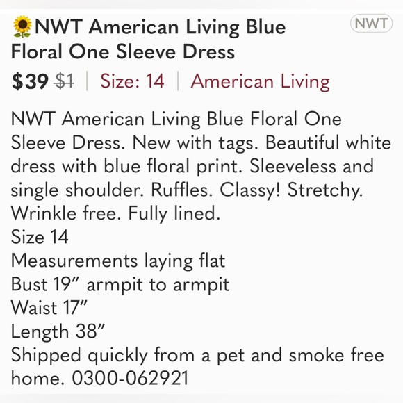 🌻NWT American Living Blue Floral One Sleeve Dress - Picture 3 of 16